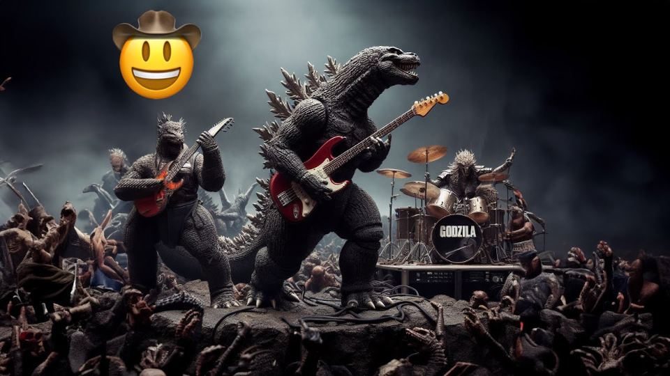 Artwork of Godzilla playing guitar on stage with a band, and the Mr Hat Man emoji in the corner.