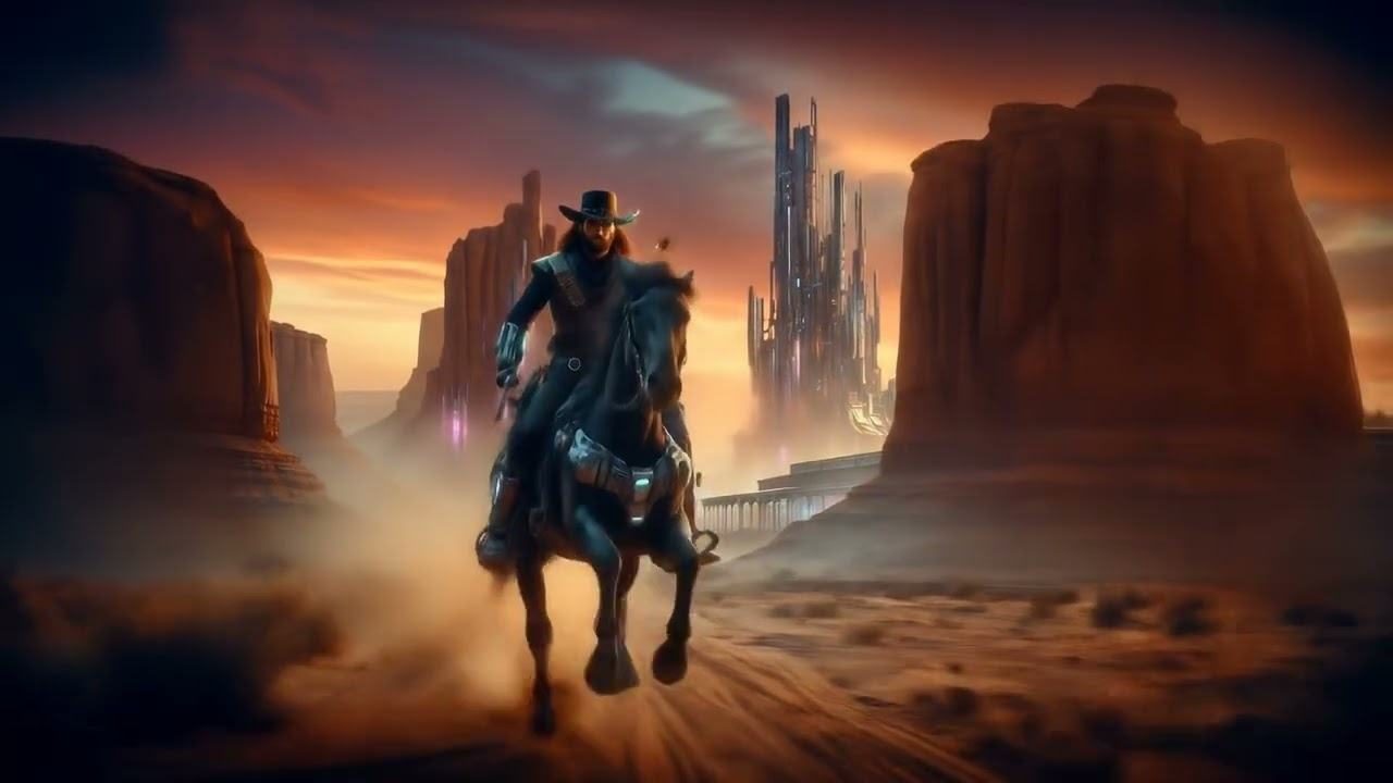 A lone rider in a cowboy hat on a dark horse, galloping through a desert canyon toward glowing futuristic towers at sunset. The Mr Hat Man channel trailer.