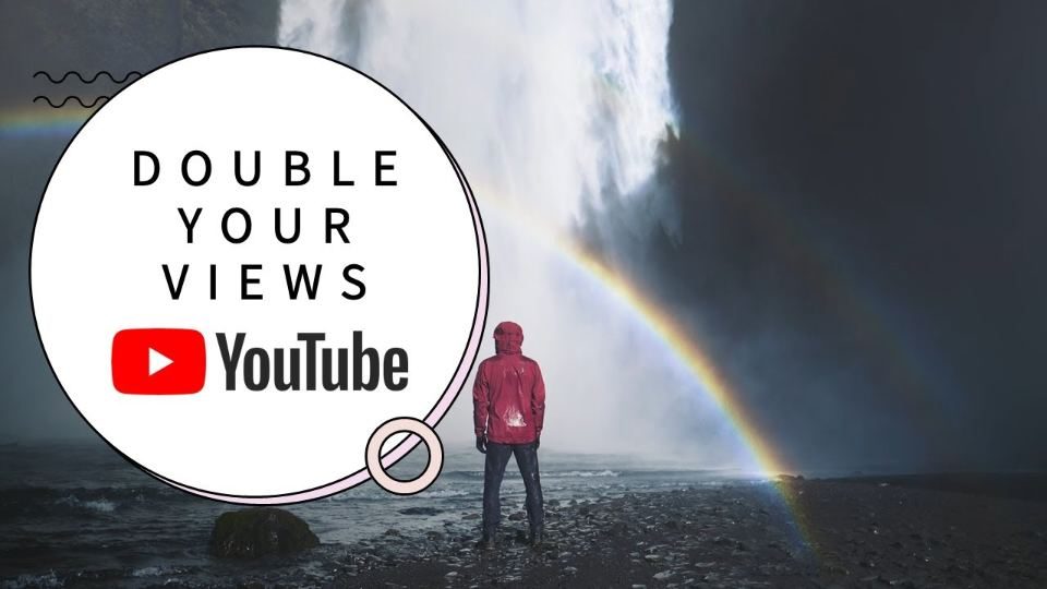 A person in a red jacket standing before a waterfall and a rainbow, with a round badge reading Double Your Views, YouTube.
